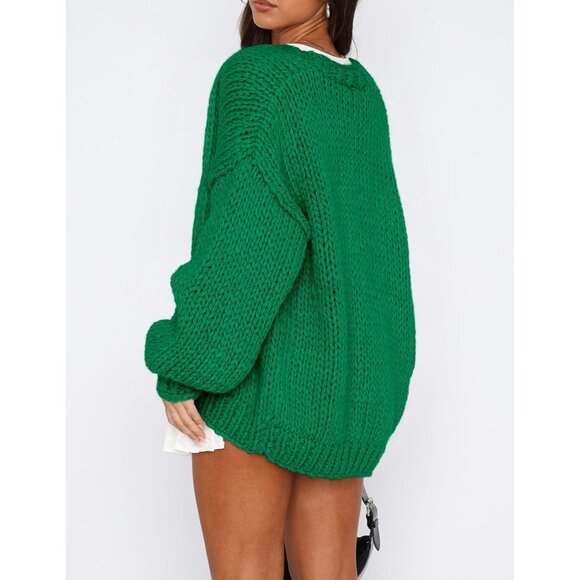 Womens Trendy Cardigan Sweaters Green Long Sleeve Chunky Knit Outfits - Picture 2 of 8